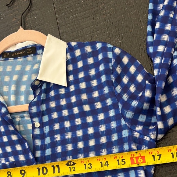 Zara Basic Blue White Checkered Plaid Pattern Button Down Satin Shirt size XS - Picture 2 of 12